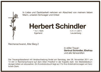 Traueranzeige von Herbert Schindler von Pegnitz-Zeitung